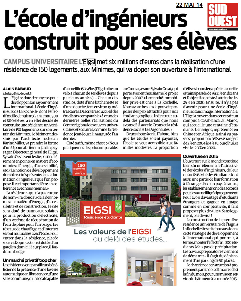 La nouvelle résidence EIGSI citée dans la presse