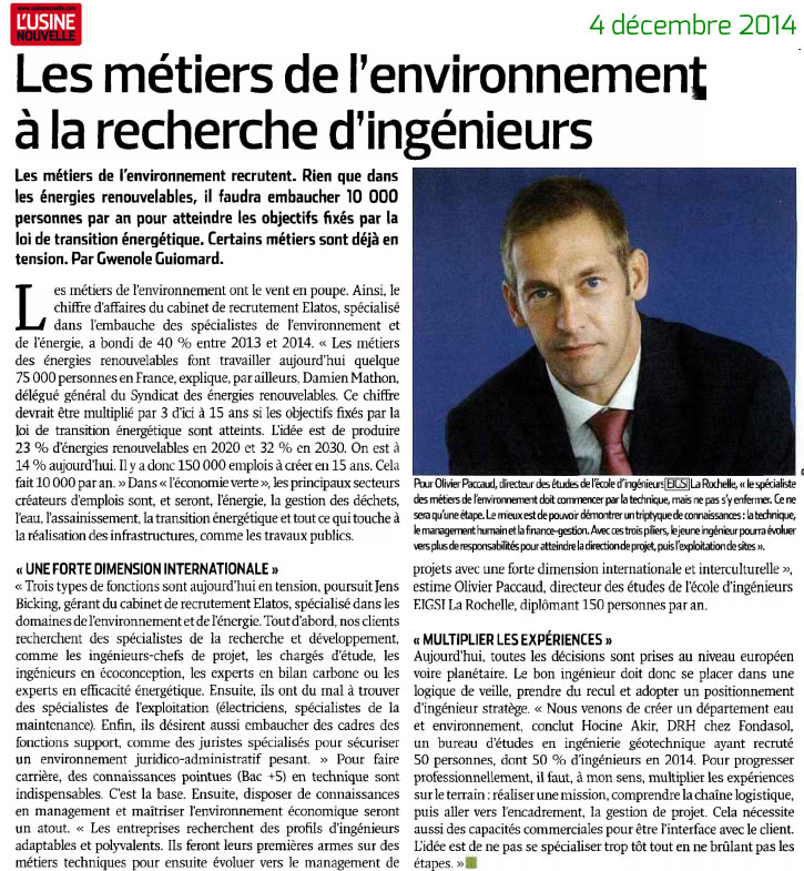 Les métiers de l’environnement à la recherche d’ingénieurs – Usine Nouvelle du 4 décembre 2014