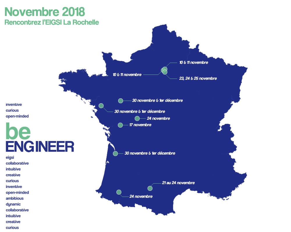 Rencontrez l&rsquo;EIGSI à Paris, Bordeaux, Nantes, Toulouse, Poitiers, Niort, Angers, Pau